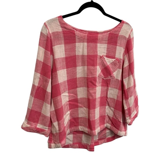 Orvis pink and white checkered plaid linen blend top buttons on back Medium - Picture 3 of 11